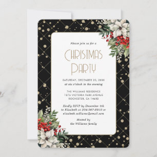 Elegant Black Gold Botanical Christmas Party Invitation