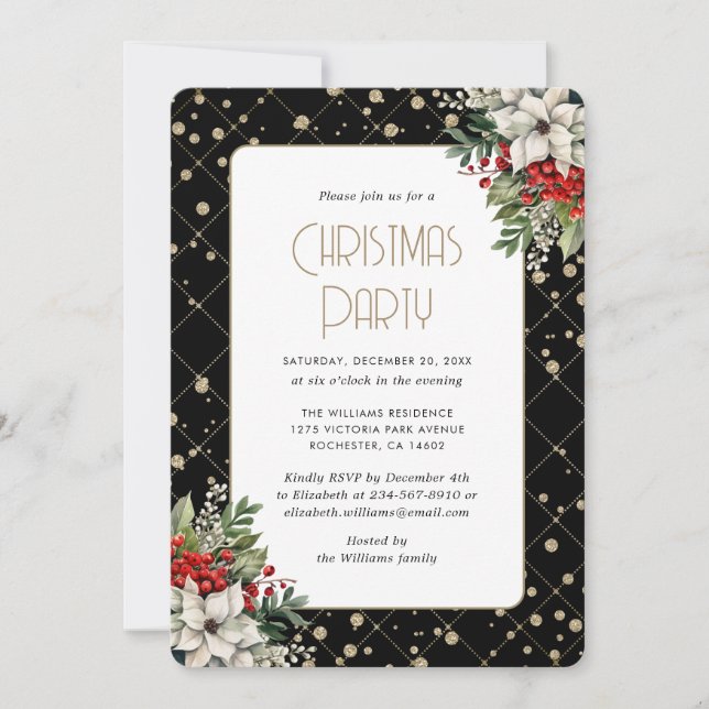 Elegant Black Gold Botanical Christmas Party Invitation (Front)