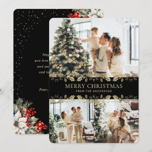 Elegant Black Gold Botanical Photo Christmas Card