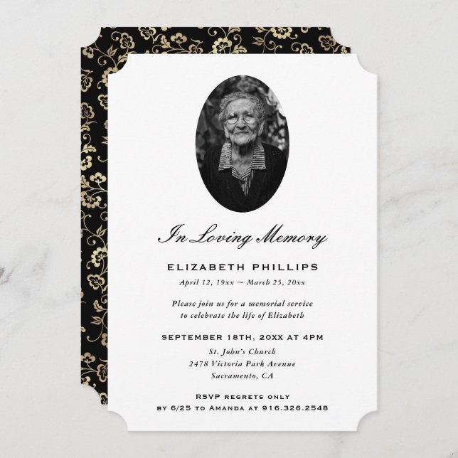 Elegant Black Gold Botanical Photo Memorial Invitation (Front/Back)