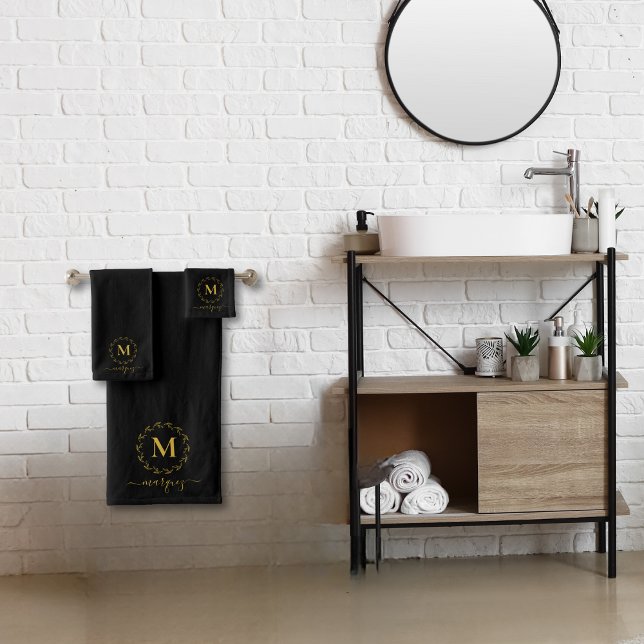 Elegant Black Gold Botanical Wreath Monogram Bath Towel Set (Creator Uploaded)