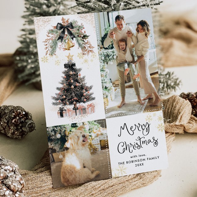 Elegant Black & Gold Bows Merry Christmas 2 Photo Holiday Card (Creator Uploaded)