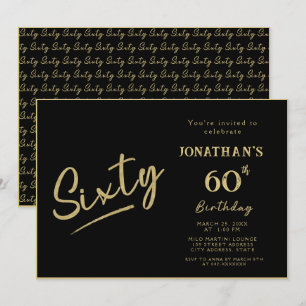 Elegant Black Gold Brush Script 60th Birthday Invitation