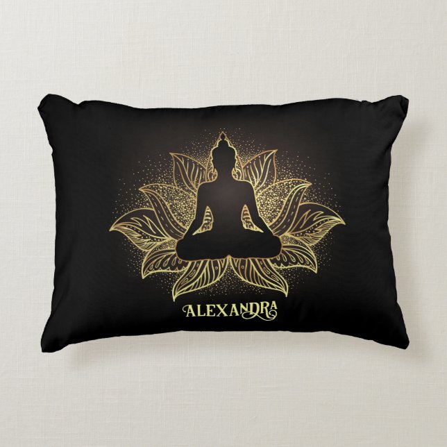 Elegant Black Gold Buddha Lotus Flower Meditation Decorative Cushion (Front)