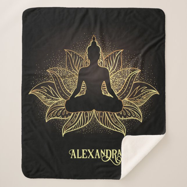Elegant Black Gold Buddha Lotus Flower Meditation Sherpa Blanket (Front)