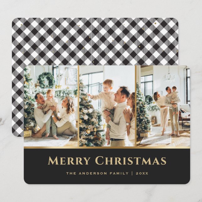 Elegant Black Gold Buffalo Plaid Photo Christmas Holiday Card (Front/Back)