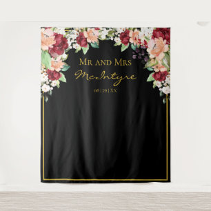 Elegant Black Gold Burgundy Blush Floral Backdrop Tapestry