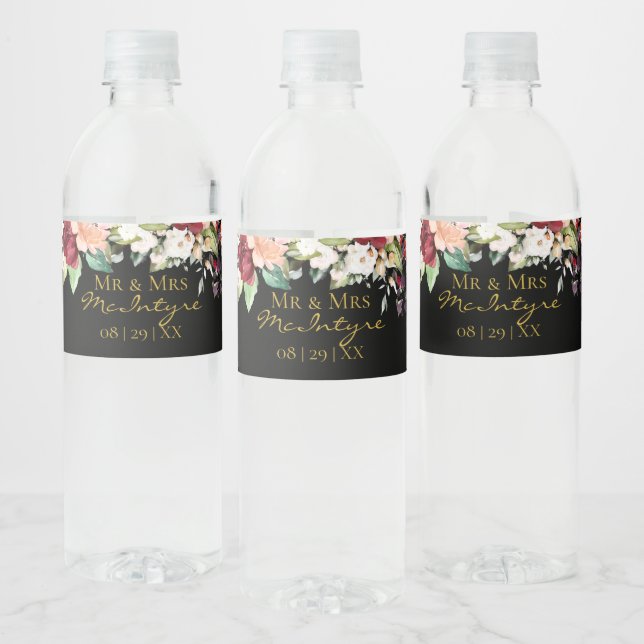 Elegant Black Gold Burgundy Blush Floral Mr & Mrs Water Bottle Label (Bottles)