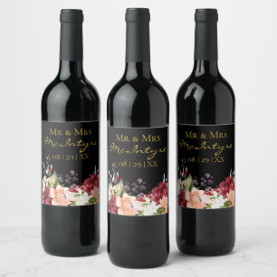 Elegant Black Gold Burgundy Blush Floral Mr & Mrs Wine Label