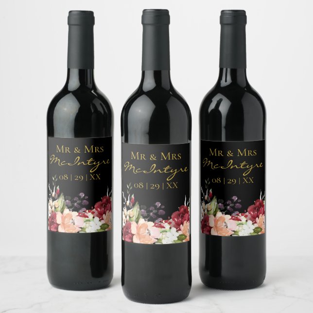 Elegant Black Gold Burgundy Blush Floral Mr & Mrs Wine Label (Bottles)