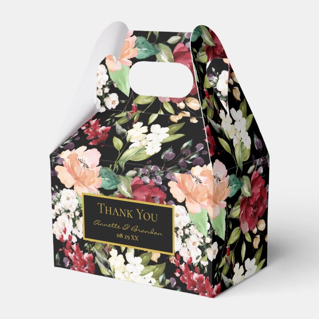 Elegant Black Gold Burgundy Blush Floral Pattern  Favour Box (Front Side)