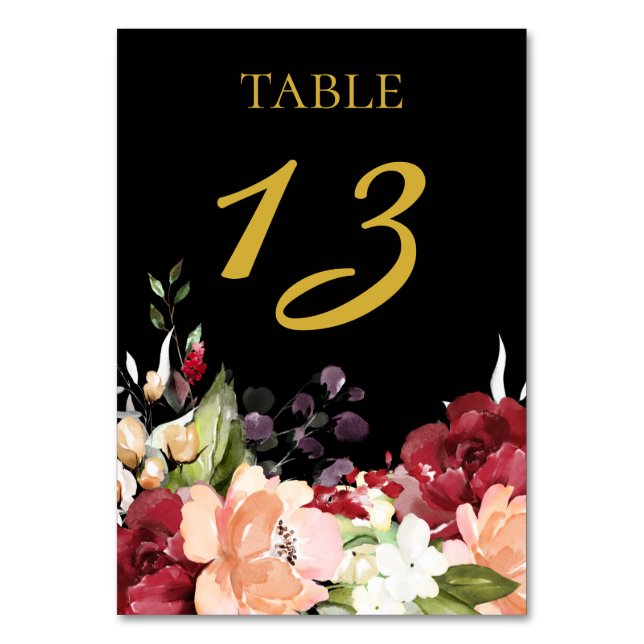 Elegant Black Gold Burgundy Blush Floral Table Number (Back)