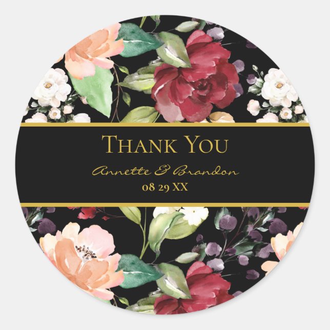 Elegant Black Gold Burgundy Blush Floral Thank You Classic Round Sticker (Front)