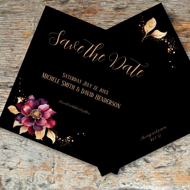 Elegant black gold burgundy sided Save the Date Invitation (Elegant black gold burgundy front/back Save the Date Invitation - double sided)