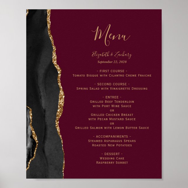 Elegant Black Gold Burgundy Wedding Table Menu Poster (Front)