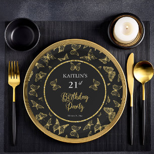 Elegant Black Gold Butterflies 21st Birthday Party Paper Plate