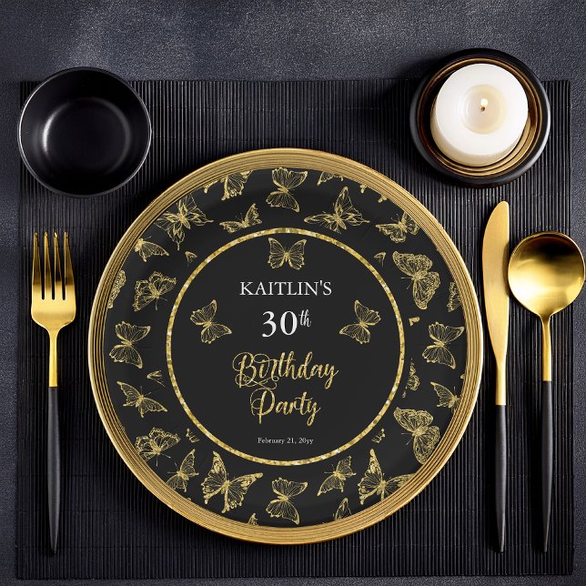 Elegant Black Gold Butterflies 30th Birthday Party Paper Plate (Elegant Black and Faux Gold Glitter Butterflies 30th Birthday Party Flat Paper Plates)