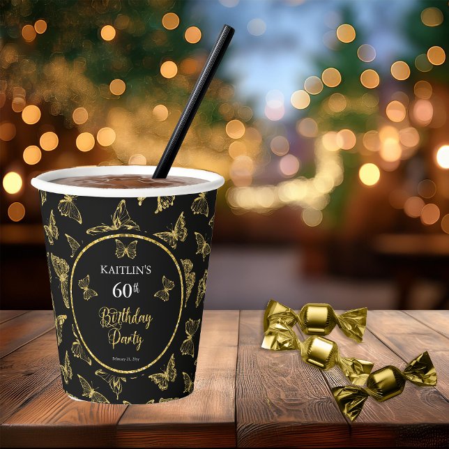 Elegant Black Gold Butterflies 60th Birthday Party Paper Cups (Elegant Black and Faux Gold Butterflies 60th Birthday Party  Party Paper Cups)