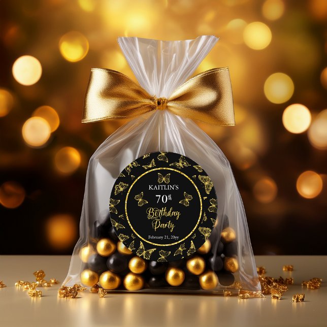 Elegant Black Gold Butterflies 70th Birthday Party Classic Round Sticker (Elegant Black and Faux Gold Glitter Butterflies 70th Birthday Party Classic Round Stickers)