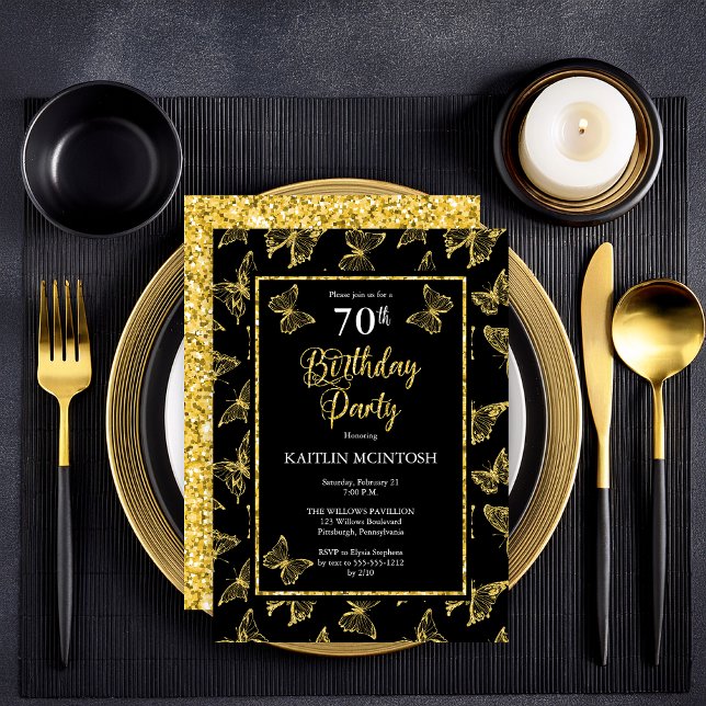Elegant Black Gold Butterflies 70th Birthday Party Invitation (Elegant Black and Faux Gold Glitter Butterflies 70th Birthday Party Invitation - Print | Digital)