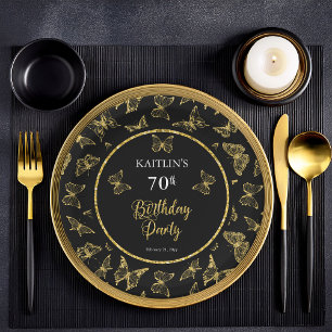 Elegant Black Gold Butterflies 70th Birthday Party Paper Plate