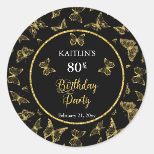 Elegant Black Gold Butterflies 80th Birthday Party Classic Round Sticker