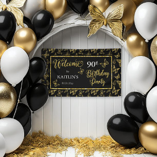 Elegant Black Gold Butterflies 90th Birthday Party Banner