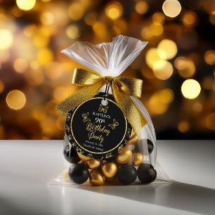 Elegant Black Gold Butterflies 90th Birthday Party Favour Tags