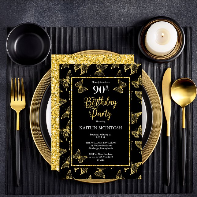 Elegant Black Gold Butterflies 90th Birthday Party Invitation (Elegant Black and Faux Gold Glitter Butterflies 90th Birthday Party Invitation - Print | Digital)