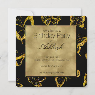 Elegant Black Gold Butterflies Birthday Invitation