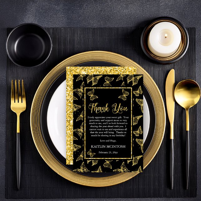 Elegant Black Gold Butterflies Birthday Party Thank You Card (Elegant Black and Faux Gold Glitter Butterflies Birthday Party  Flat Thank You Card)