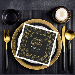 Elegant Black Gold Butterflies Happy Birthday Napkin