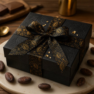 Elegant Black Gold Cacao Flower Fruit Business Satin Ribbon