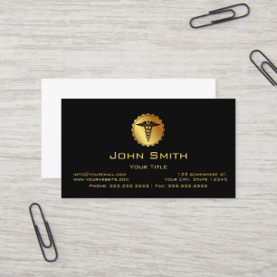 Elegant Black& Gold Caduceus Medical Emblem Business Card