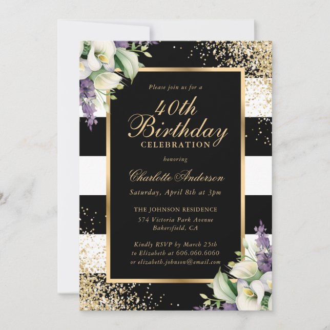 Elegant Black Gold Calla Lily 40th Birthday Invitation (Front)