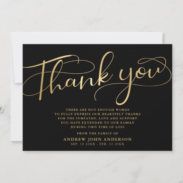 Elegant Black & Gold Calligraphy Funeral   Thank You Card (Front)