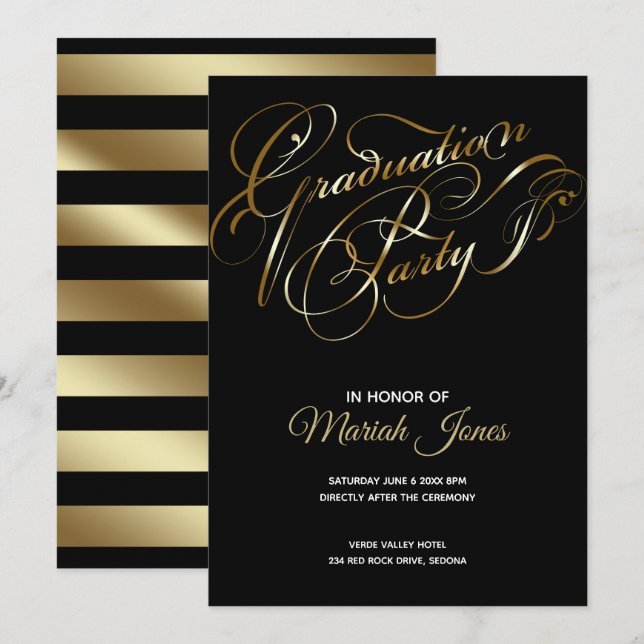 Elegant Black -Gold Calligraphy Graduation Party Invitation (Front/Back)