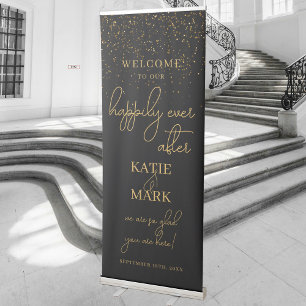 Elegant Black Gold Calligraphy Happily Ever After Retractable Banner