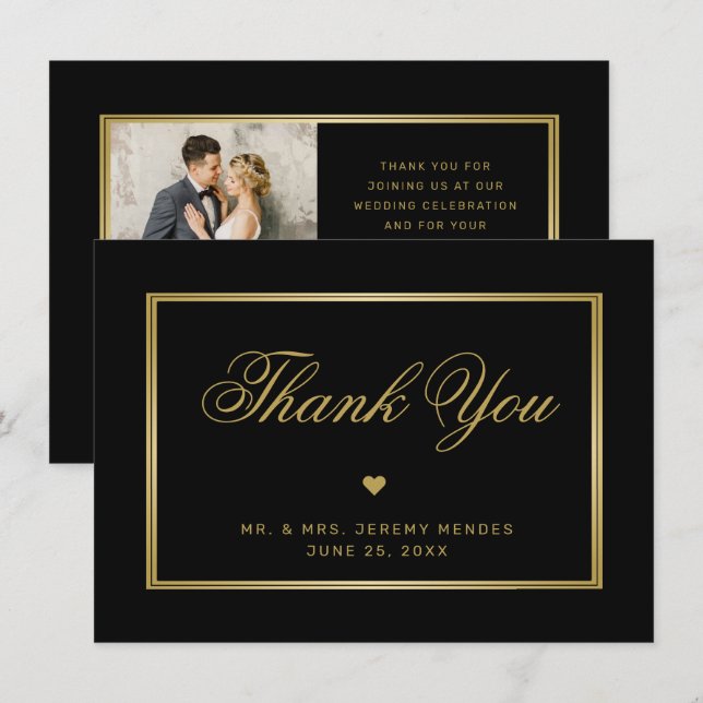 Elegant Black Gold Calligraphy Heart Photo Wedding Thank You Card (Front/Back)