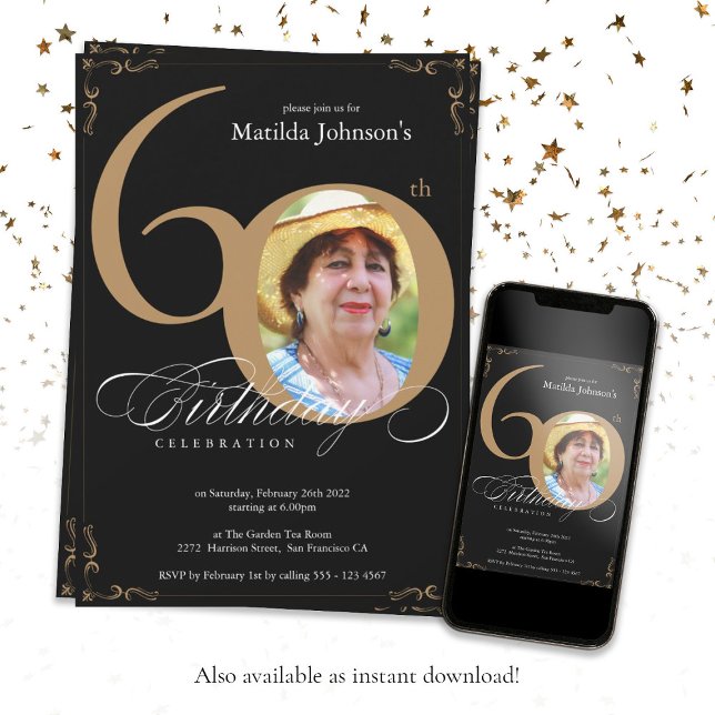 Elegant Black Gold Calligraphy Photo 60th Birthday Invitation (Creator Uploaded)