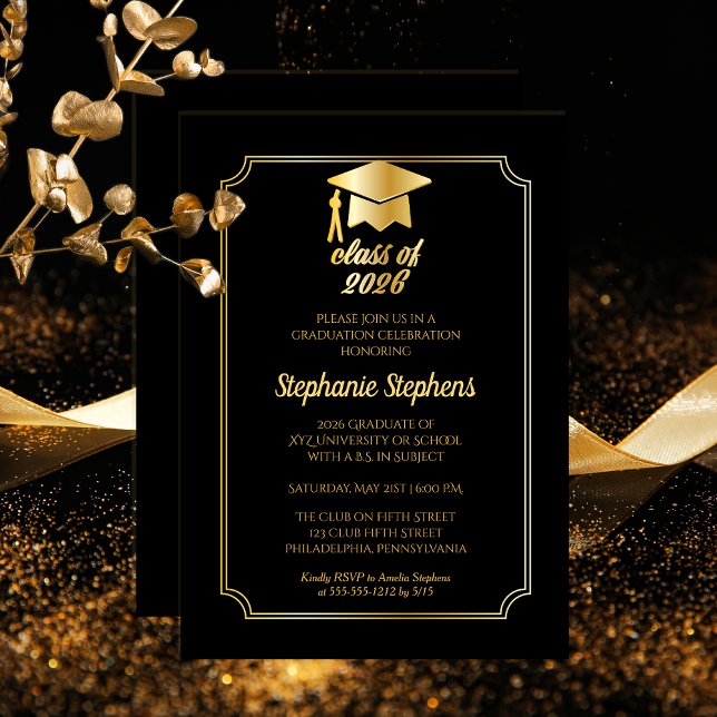 Elegant Black | Gold Cap College Graduation Party Invitation (Elegant Black | Gold Tone Grad Cap 2026 College University Graduation Party Invitation Print Digital)