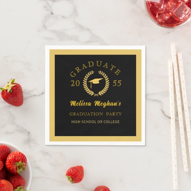 Elegant Black Gold Cap Laurel Wreath Grad Party  Napkin (Insitu)