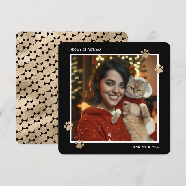 Elegant Black Gold Cat Owner Photo Meowy Christmas Holiday Card (Front/Back)