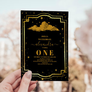 Elegant Black Gold Celestial 1st Birthday Invitation