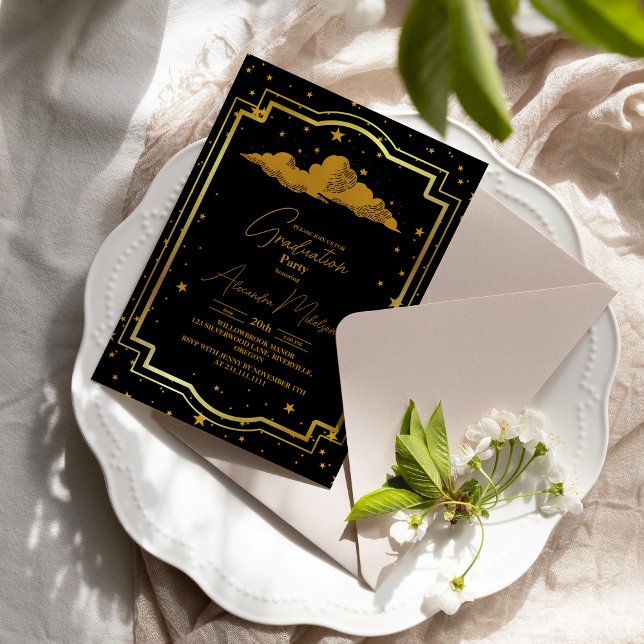  Elegant Black Gold Celestial Graduation Invitation (Creator Uploaded)