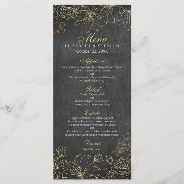 Elegant Black Gold Chalkboard Floral Wedding Menu (Front)
