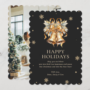 Elegant Black Gold Christmas Bells Snowflake Photo Holiday Card