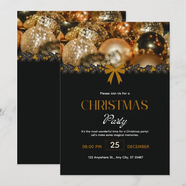 Elegant Black Gold Christmas Invitation (Front/Back)