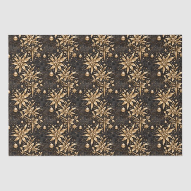 Elegant Black Gold Christmas Ornament Floral  Tissue Paper (Front)