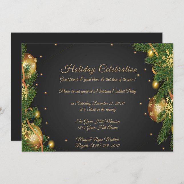 Elegant Black & Gold Christmas Party Invitation (Front/Back)